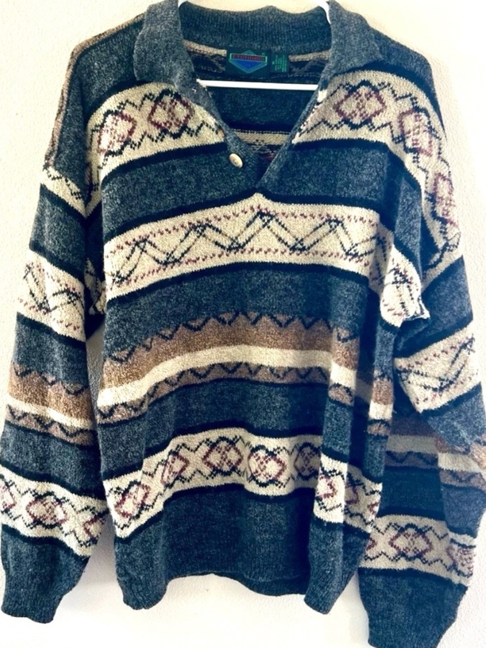 Vintage Nordic style striped gray & tan grandpa fishing sweater